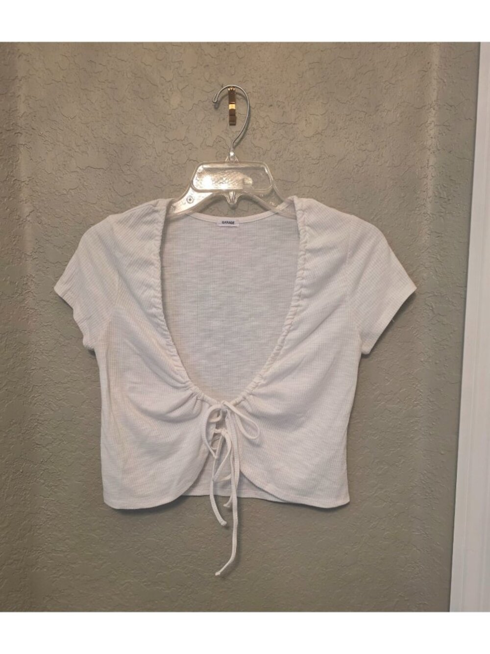 Garage White Ribbed Lightweight Tie Front Cropped Tee Shirt M